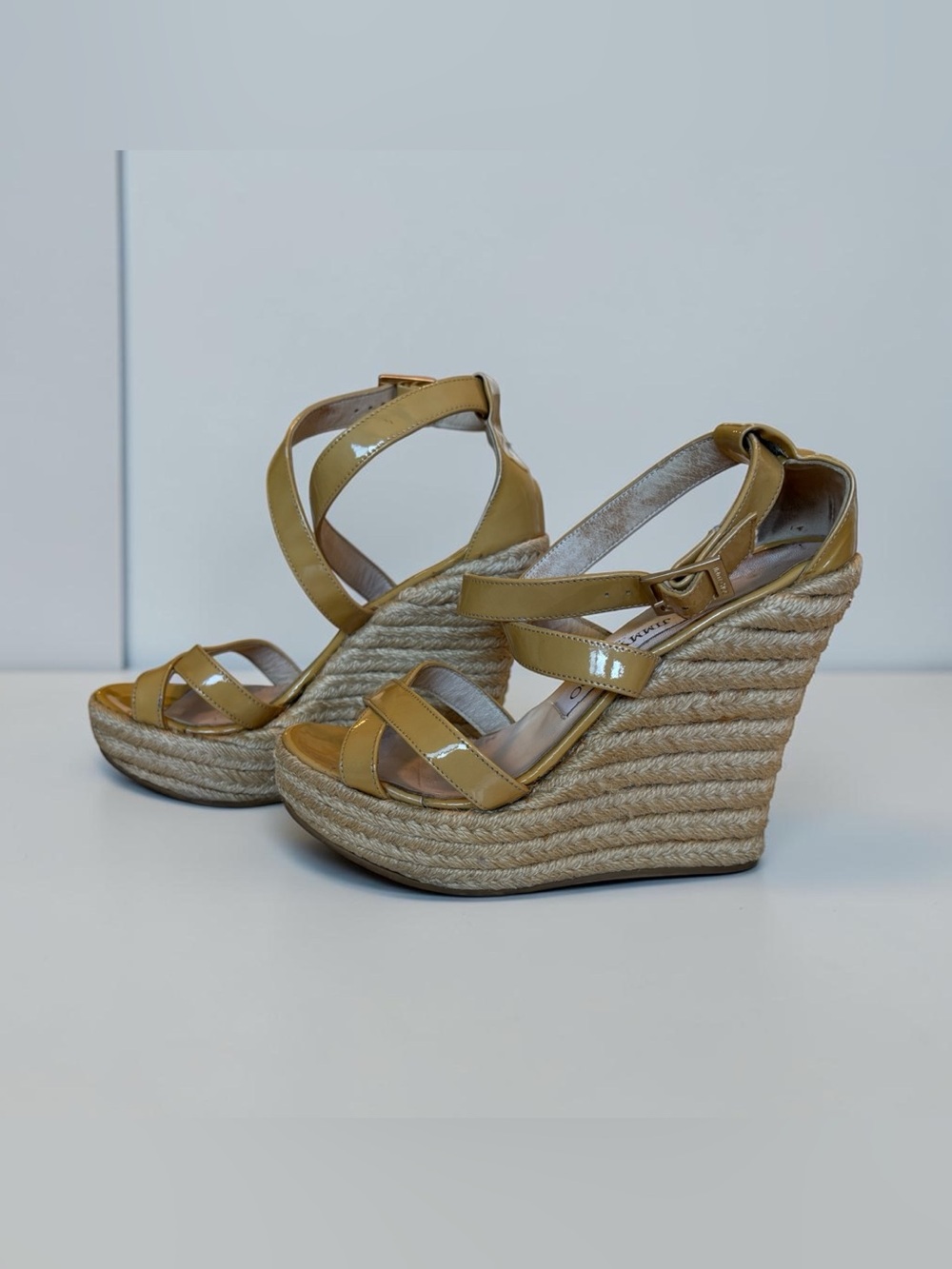 JIMMY CHO Women’s Beige Patent Leather Espadrille Wedge Sandals.